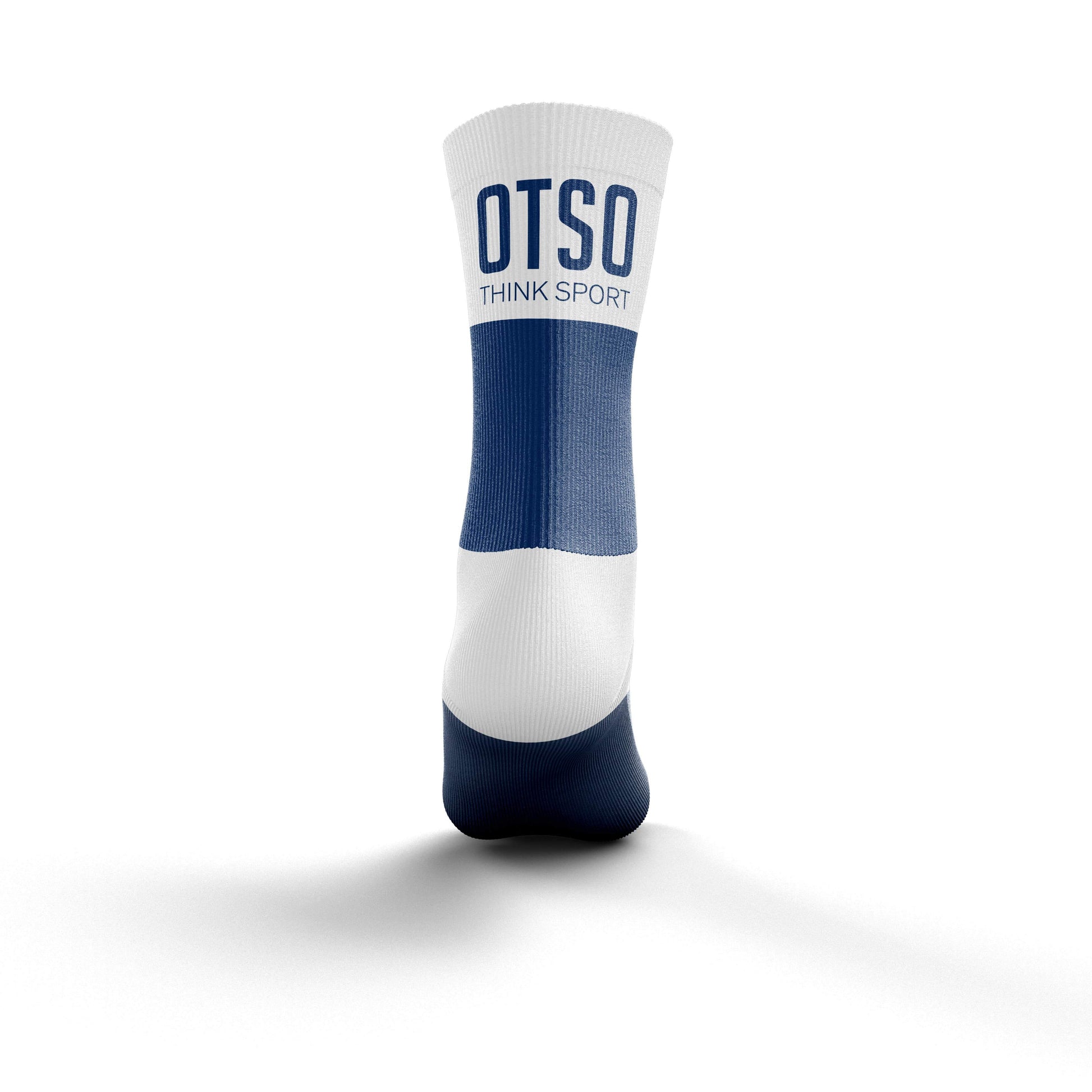 Calcetines de media altura de la marca Otso de color azul y blanco. Foto trasera