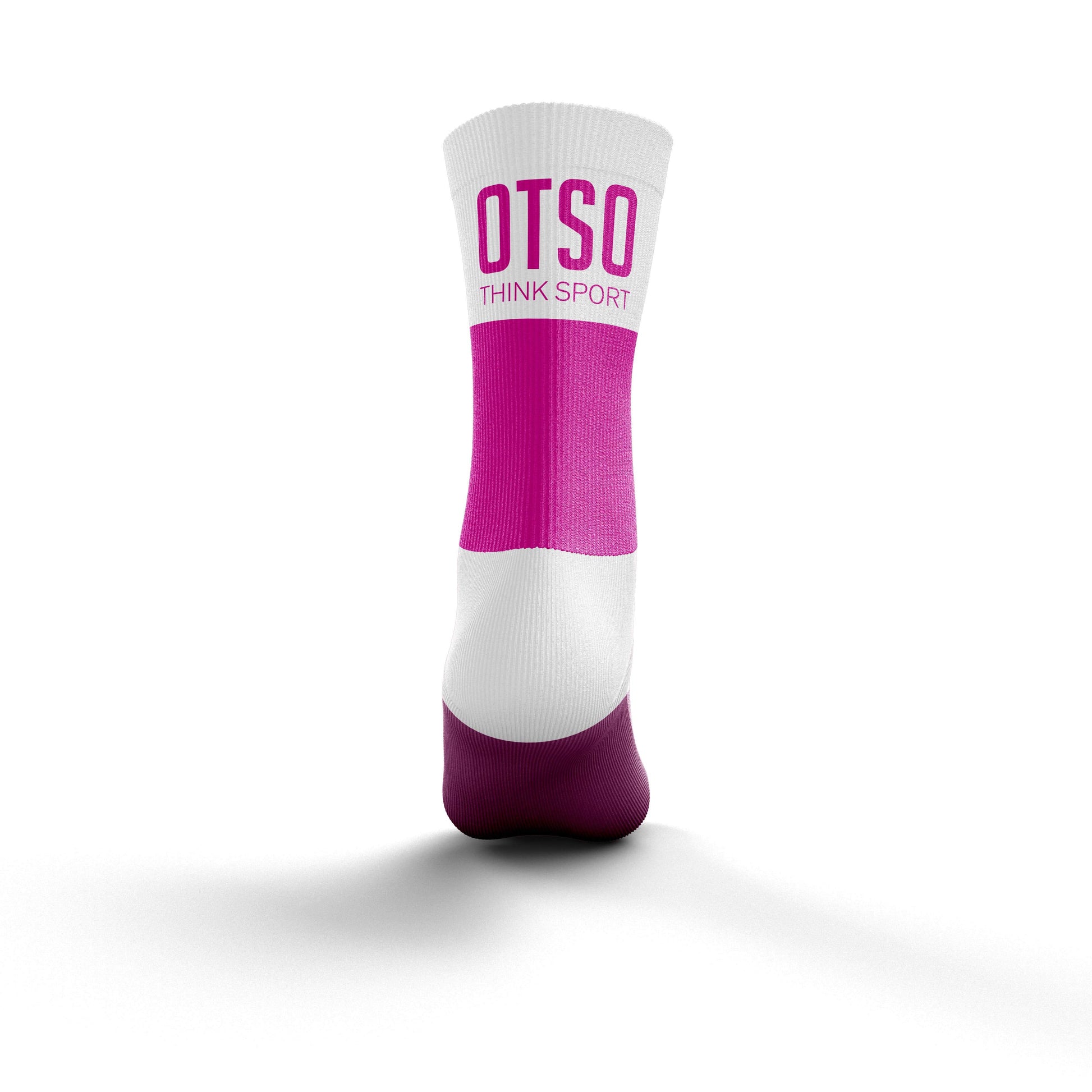 Calcetines de media altura de la marca Otso de color rosa y blanco. Foto trasera